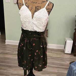 White Lace Top with Green Floral Romper